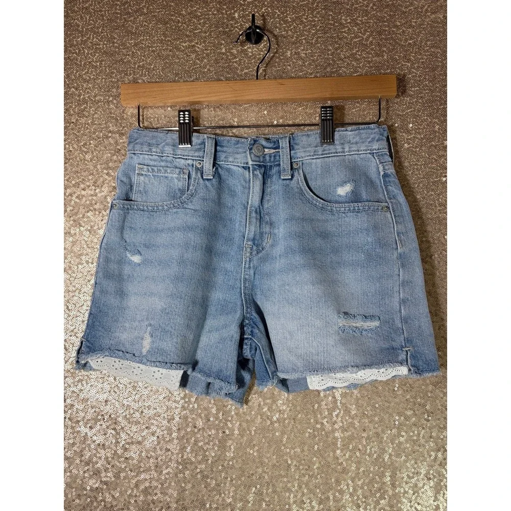 Old Navy Girls High Rise Denim Shorts Size 14 Light Wash Distressed Lace Trim